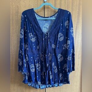 Navy Blue Women's Blouse with Floral Skull Accents